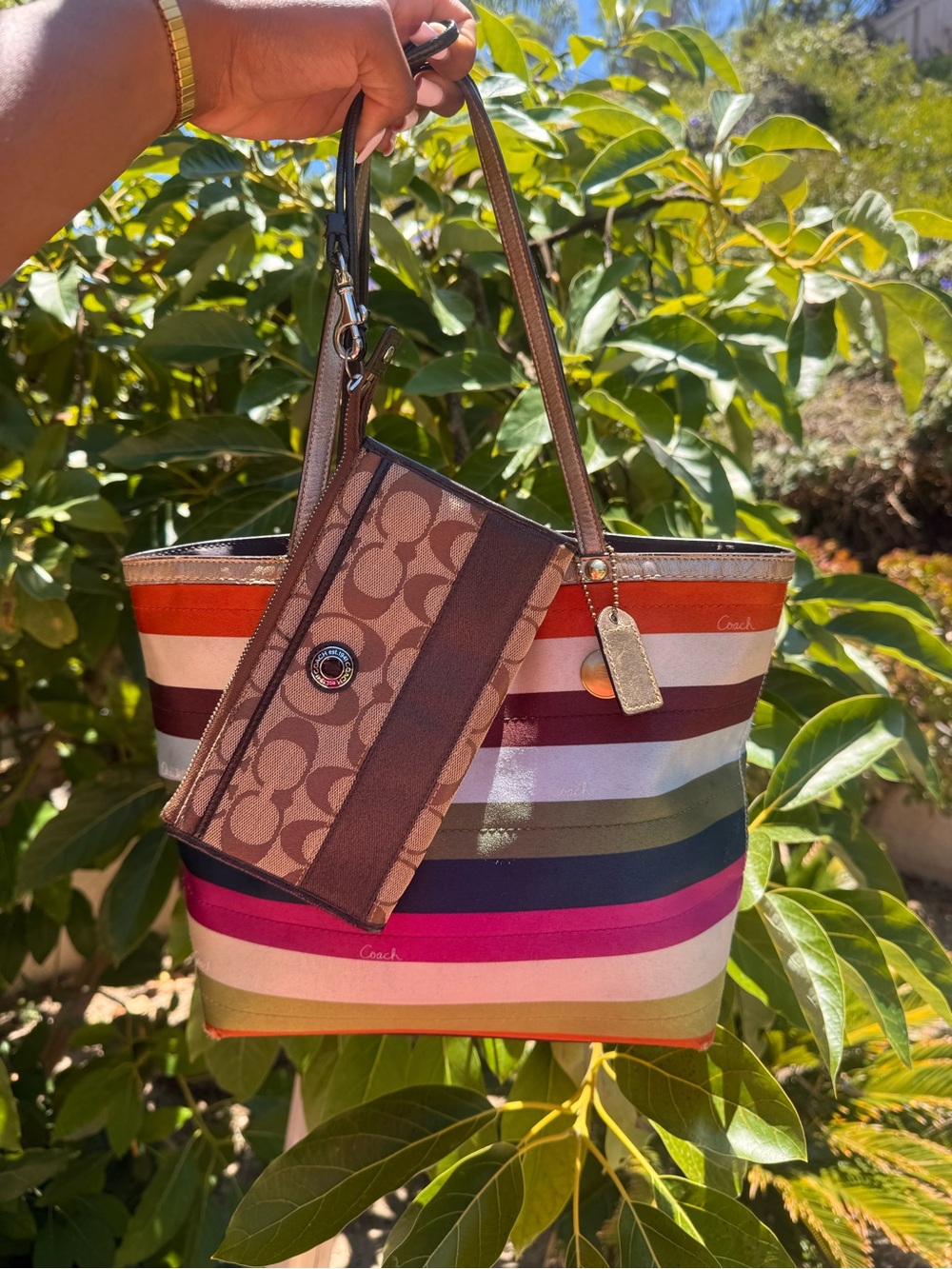 Coach Multicolor Striped Canvas Tote with Brown Signature Wristlet
